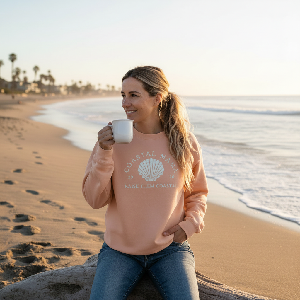 Embroidered Coastal Mama Crew (Peach)