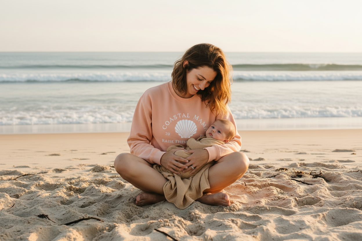 Embroidered Coastal Mama Crew (Peach)